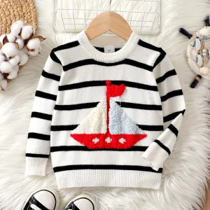 Toddler Boy Sailboat Pattern Stripe Knit Sweater #1052983