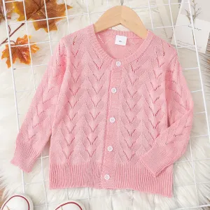 Toddler Girl Front Buttons Hollow Solid Long-sleeve Sweater #1051667