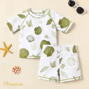 2pcs Baby Boy Allover Scallop Print Short-sleeve Two-piece Swimsuit Set #890815