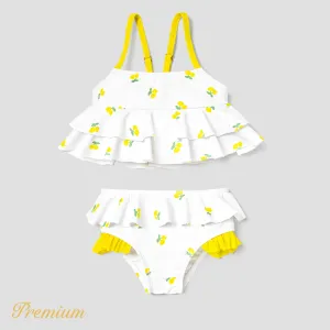 2pcs Baby Girl Allover Floral Print Layered Ruffled Strappy Two-piece Swimsuit #879658