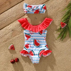 2pcs Baby Girl Contrast Ruffle Trim Watermelon Print Striped One-piece Swimsuit & Headband Set #720627