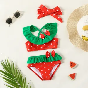 3pcs Baby Girl Polka Dots Bow Decor Colorblock Ruffle Two-piece Swimsuit & Headband Set #848944