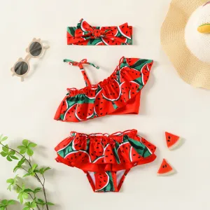 3pcs Baby Girl Watermelon Print Ruffle Trim Swimwear Set #725614