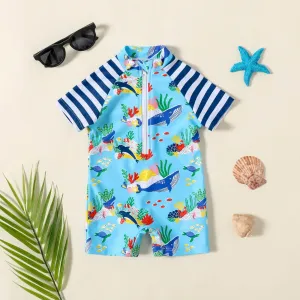 Baby Boy Allover Ocean Animal Print Striped Raglan-sleeve One-piece Swimsuit #791562