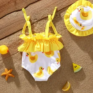 Baby Girl 2pcs Childlike Animal Ruffle Swimsuit with Hat #1323232