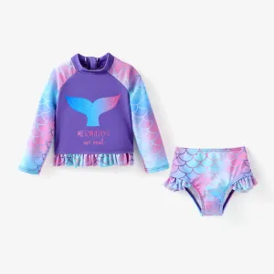 Baby Girl 2pcs Childlike Mermaid Letter Print Ruffled Top and Shorts Swimsuits Set #1326025