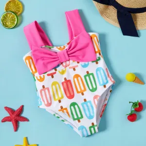 Baby Girl Allover Colorful Popsicle Print Bow Front One-piece Swimsuit #723297