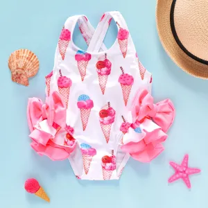 Baby Girl Allover Ice Cream Cone Print Ruffle Trim One-piece Swimsuit #777045