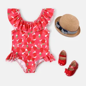 Baby Girl Allover Red Strawberry Print Ruffled One-piece Swimsuit #908579