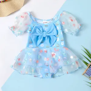Baby Girl Bowknot Mesh Ruffle One-piece Swimsuit #1044774