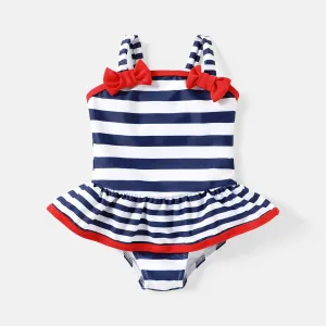 Baby Girl Contrast Bow Front Striped One-Piece Swimsuit #847815