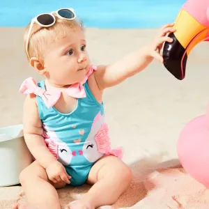 Baby Girl Fish Print Bow Decor Ruffle Trim One-piece Swimsuit #780620