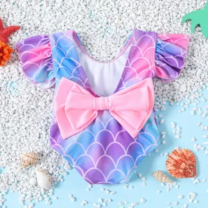 Baby Girl Mermaid Design Deep V Neck Ruffle Sleeve Bowknot One-Piece Swimsuit #813409