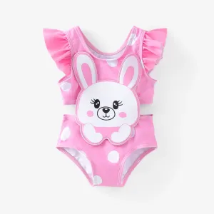 Baby Girl Rabbit/Lion Applique Polka Dots Ruffled One-Piece Swimsuit #1325819