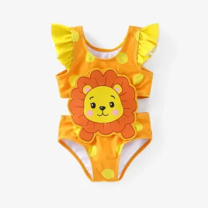 Baby Girl Rabbit/Lion Applique Polka Dots Ruffled One-Piece Swimsuit #1325823