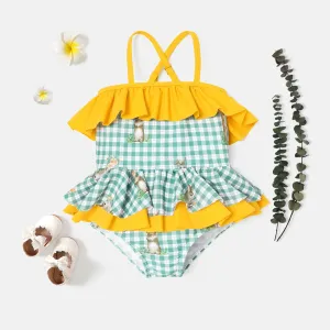 Baby Girl Rabbit Print Contrast Ruffled Gingham Strappy One-piece Swimsuit #872114