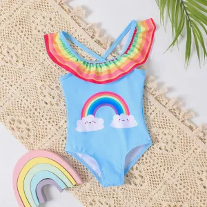 Baby Girl Rainbow Print Ruffled Onepiece Swimsuit #1043213