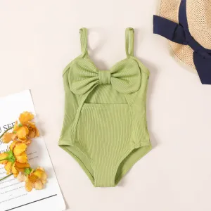 Baby Girl Solid Bow Front Rib-knit One Piece Swimsuit #1041643