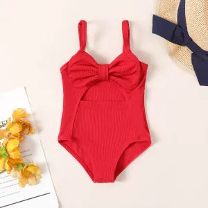Baby Girl Solid Bow Front Rib-knit One Piece Swimsuit #1041648