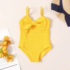 Baby Girl Solid Bow Front Rib-knit One Piece Swimsuit #1041653