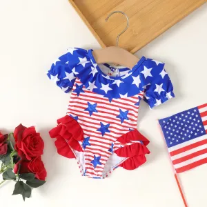 Independence Day Baby Girl Striped Stars Print Ruffled One Piece Swimsuit #1043786