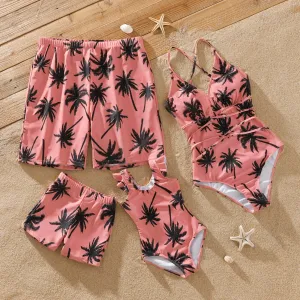 Family Matching All Over Coconut Tree Print Pink Swim Trunks Shorts and Spaghetti Strap One-Piece Swimsuit #199239