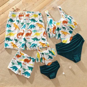 Family Matching All Over Multicolor Dinosaur Print Swim Trunks Shorts and Ruffle Two-Piece Swimsuit #768819