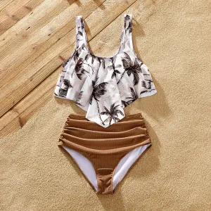Family Matching Allover Coconut Tree Print Spliced Ruched Two-Piece Swimsuit or Swim Trunks #229752