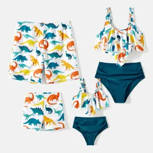 Family Matching Allover Dinosaur Print Swim Trunks and Ruffle Trim Two-piece Swimsuit #723258