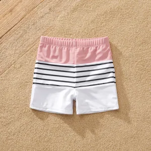 Family Matching Allover Floral Print Knot Side One-Shoulder One-piece Swimsuit or Striped Colorblock Swim Trunks Shorts #1039742