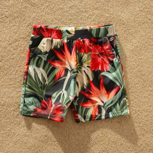 Family Matching Allover Floral Print Swim Trunks Shorts and Ruffle Belted One-Piece Swimsuit #198103