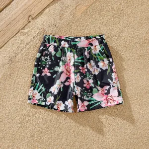 Family Matching Allover Floral Print Swim Trunks Shorts and Ruffle-sleeve Belted One-Piece Swimsuit #198257