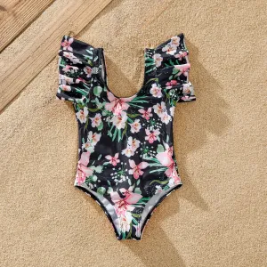 Family Matching Allover Floral Print Swim Trunks Shorts and Ruffle-sleeve Belted One-Piece Swimsuit #198262
