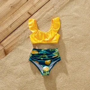 Family Matching Allover Lemon Print and Solid Halter Neck Two-piece Swimsuit or Swim Trunks Shorts #860903