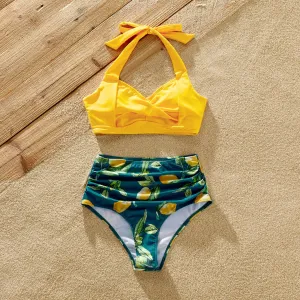 Family Matching Allover Lemon Print and Solid Halter Neck Two-piece Swimsuit or Swim Trunks Shorts #860907