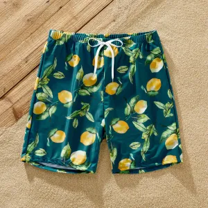 Family Matching Allover Lemon Print and Solid Halter Neck Two-piece Swimsuit or Swim Trunks Shorts #860911