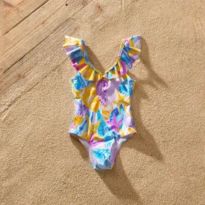 Family Matching Allover Ocean Print Ruffled One-piece Swimsuit or Swim Trunks #1034203