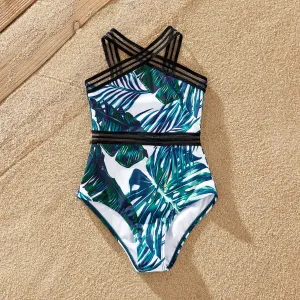 Family Matching Allover Palm Leaf Print Crisscross One-piece Swimsuit and Swim Trunks #235467
