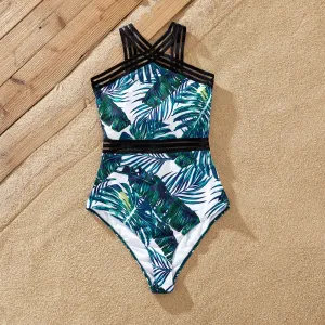 Family Matching Allover Palm Leaf Print Crisscross One-piece Swimsuit and Swim Trunks #235472