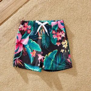 Family Matching Allover Plant Print Crisscross One-Piece Swimsuit and Swim Trunks #229114