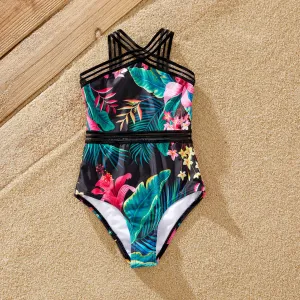Family Matching Allover Plant Print Crisscross One-Piece Swimsuit and Swim Trunks #229119