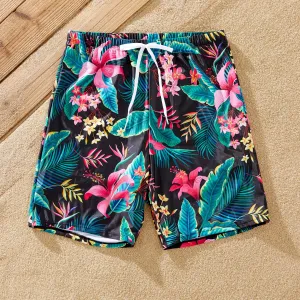Family Matching Allover Plant Print Crisscross One-Piece Swimsuit and Swim Trunks #229131