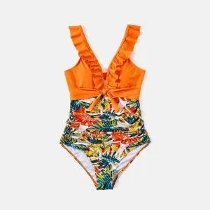 Family Matching Allover Plant Print Spliced Solid Ruffle Trim One-Piece Swimsuit and Swim Trunks #226487