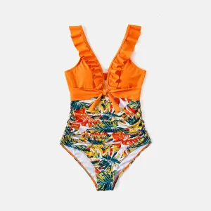 Family Matching Allover Plant Print Spliced Solid Ruffle Trim One-Piece Swimsuit and Swim Trunks #226489