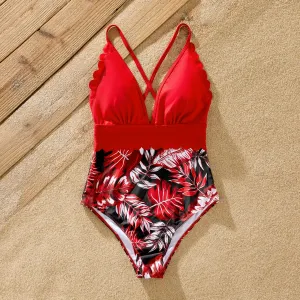 Family Matching Allover Plant Print Swim Trunks and Scallop Trim One-piece Swimsuit #723242