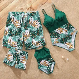 Family Matching Allover Plants Print Swim Trunks Shorts and V Neck Spaghetti Strap Splicing One-Piece Swimsuit #198424