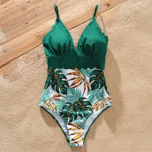 Family Matching Allover Plants Print Swim Trunks Shorts and V Neck Spaghetti Strap Splicing One-Piece Swimsuit #198432