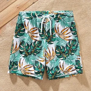 Family Matching Allover Plants Print Swim Trunks Shorts and V Neck Spaghetti Strap Splicing One-Piece Swimsuit #198435