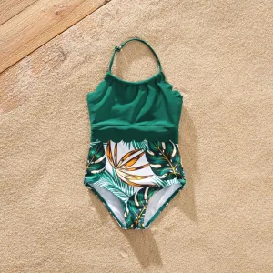Family Matching Allover Plants Print Swim Trunks Shorts and V Neck Spaghetti Strap Splicing One-Piece Swimsuit #854913