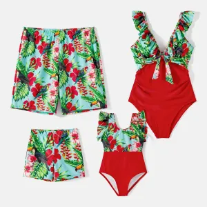 Family Matching Allover Tropical Plant Print Spliced One-piece Swimsuit and Swim Trunks #236338